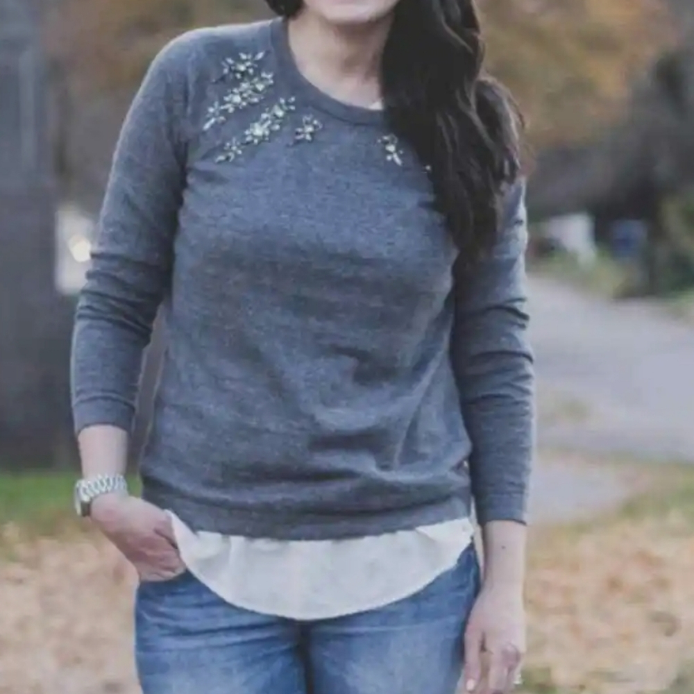 LOFT Gray & Jewelled Pullover Sweater